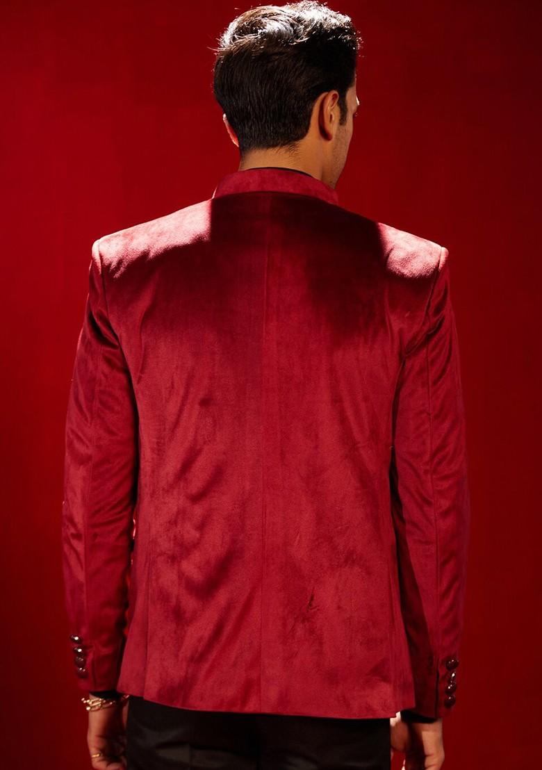 Maroon Solid Poly Blend Blazers For Men