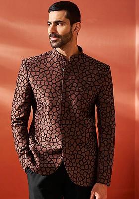 Rust Embroidered Poly Blend Blazers For Men