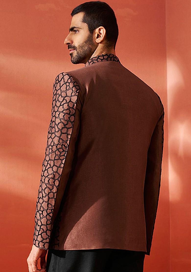 Rust Embroidered Poly Blend Blazers For Men