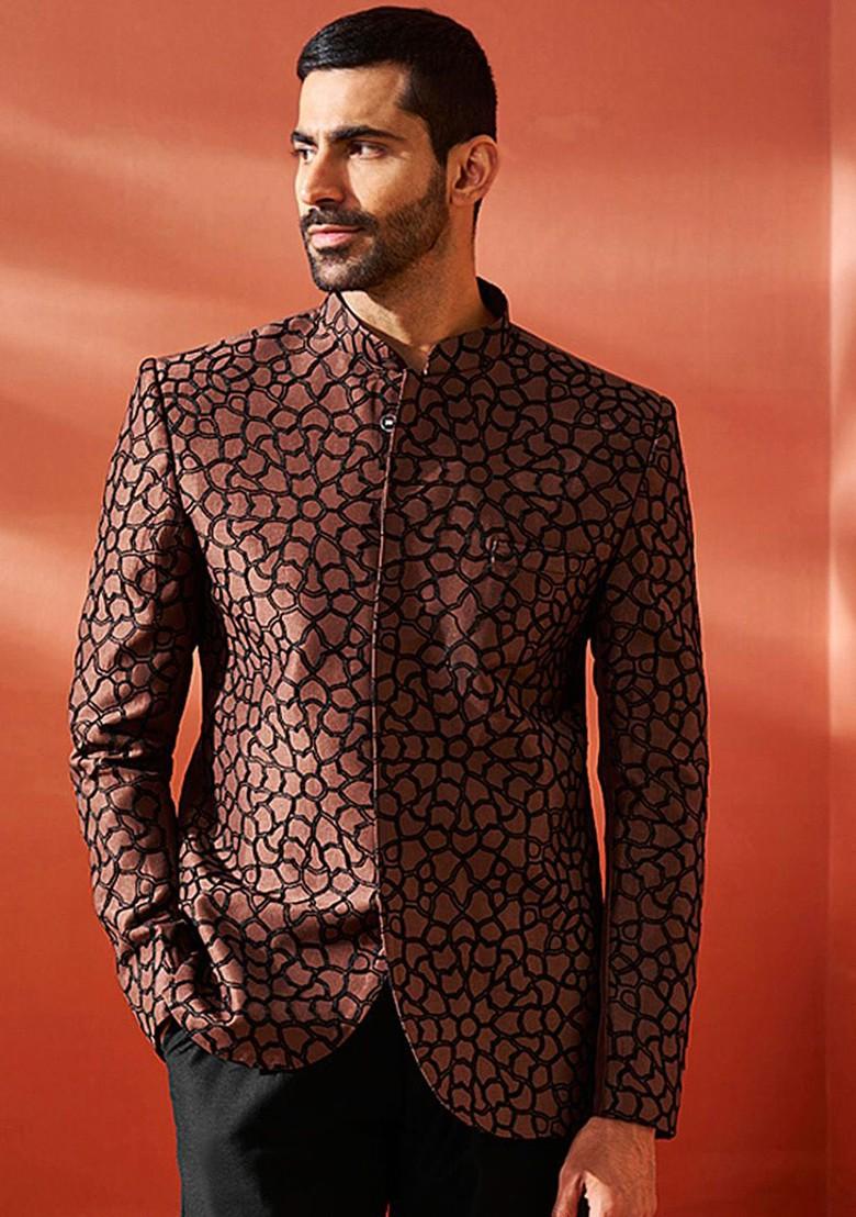 Rust Embroidered Poly Blend Blazers For Men