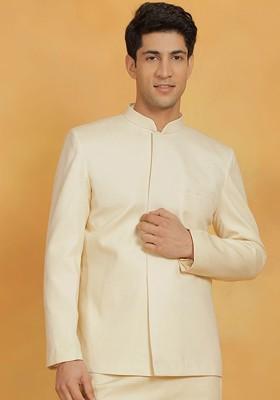 Cream Solid Poly Blend Blazers For Men