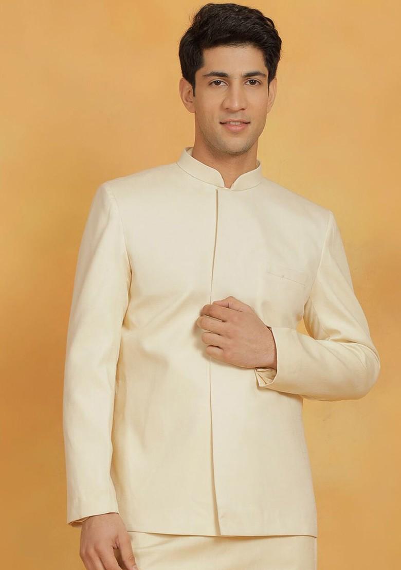Cream Solid Poly Blend Blazers For Men
