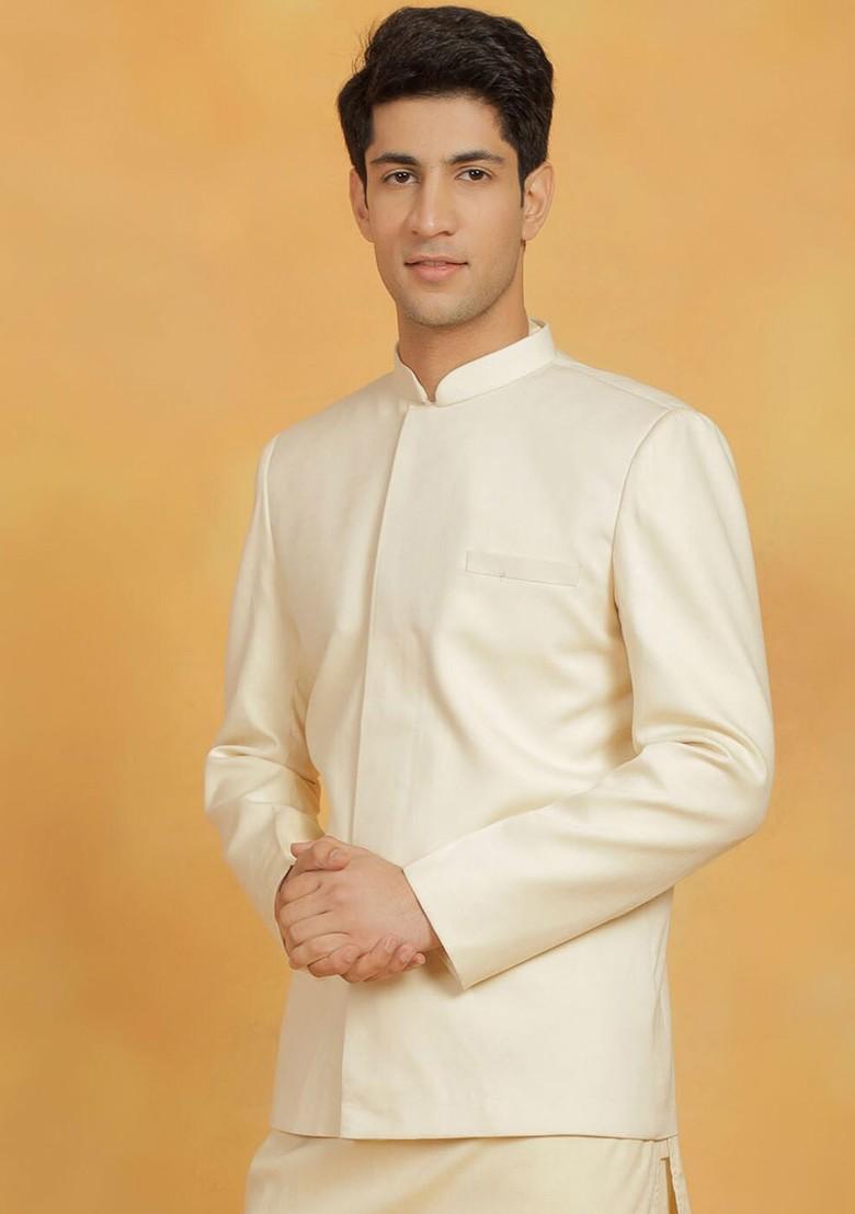 Cream Solid Poly Blend Blazers For Men