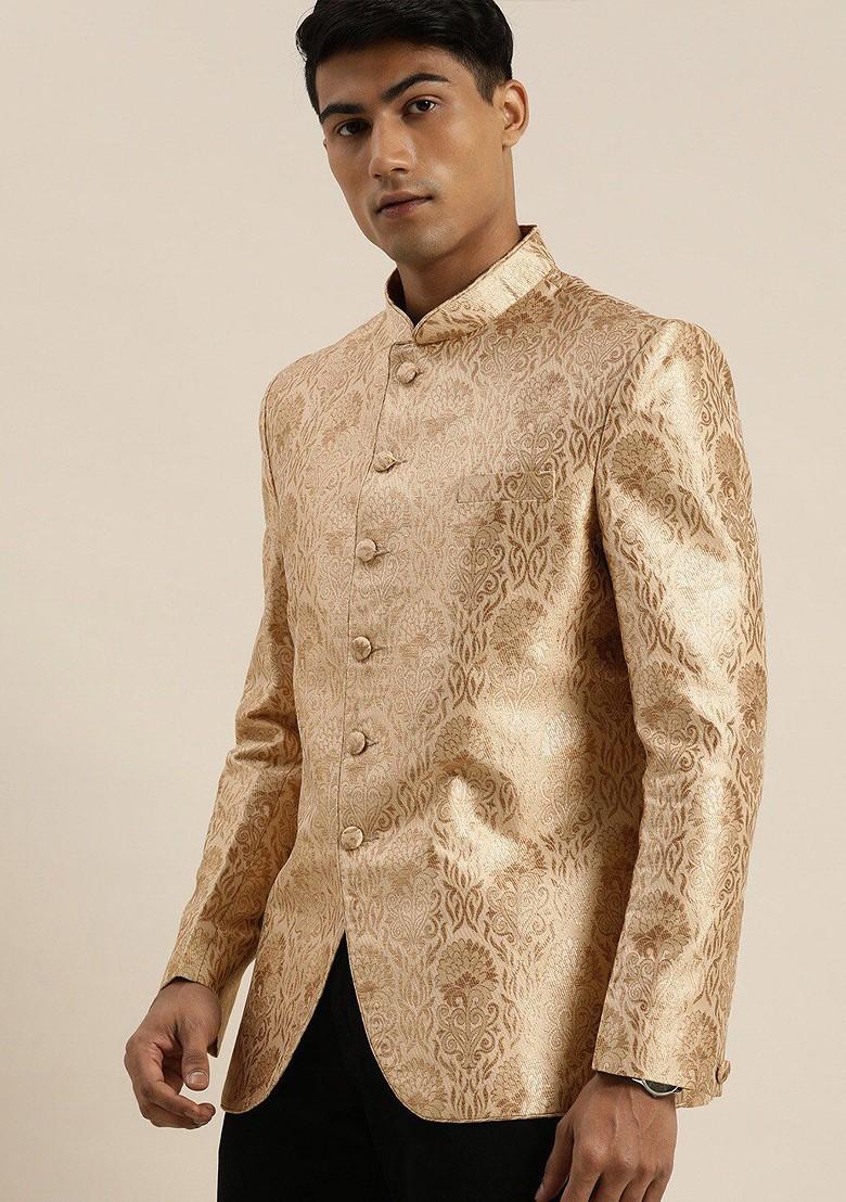 Gold Embroidered Poly Blend Blazers For Men