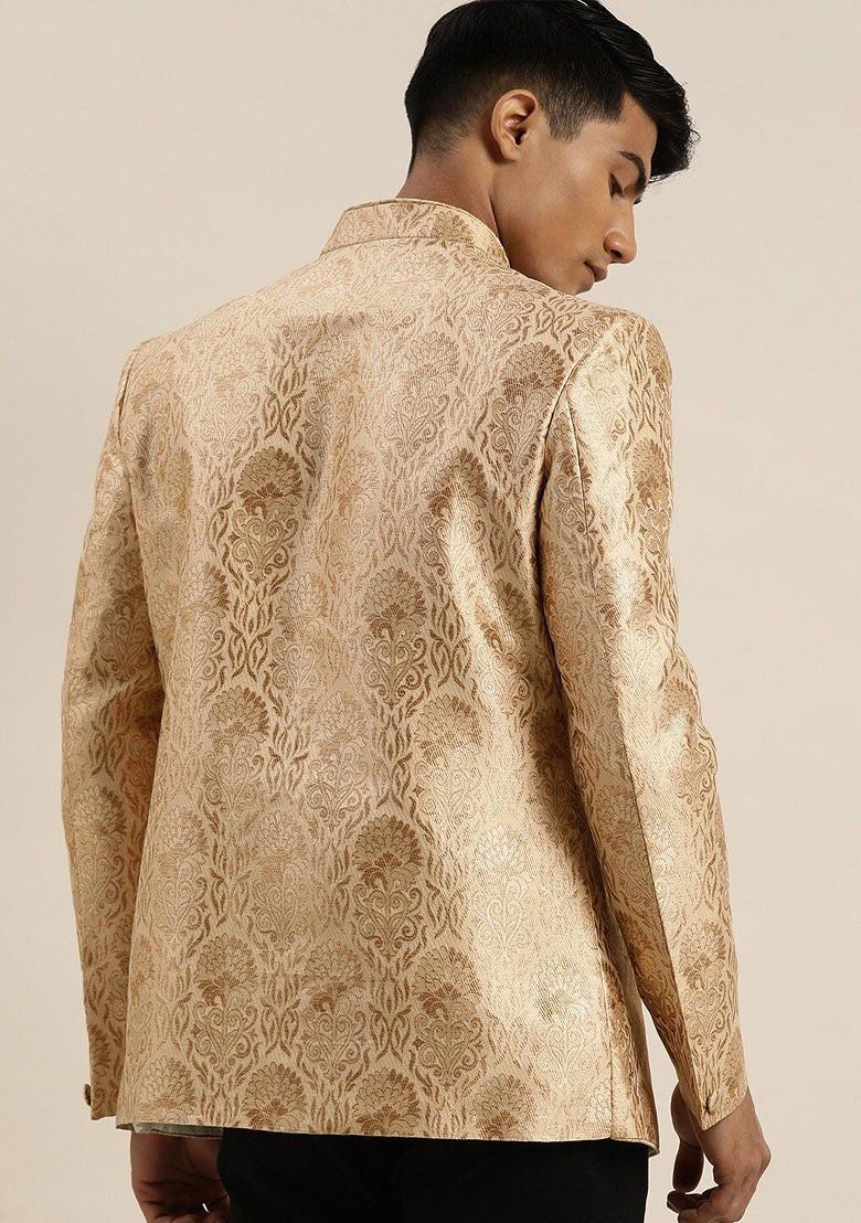 Gold Embroidered Poly Blend Blazers For Men