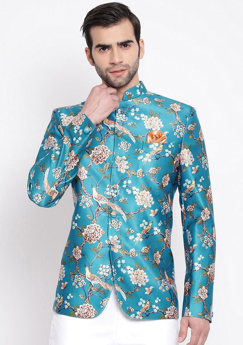 Turquoise Blue Printed Poly Blend Blazers For Men