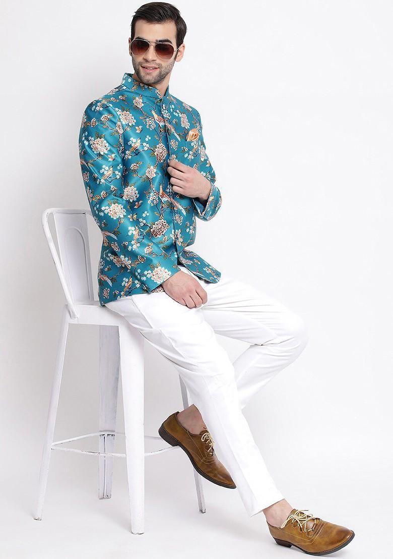 Turquoise Blue Printed Poly Blend Blazers For Men