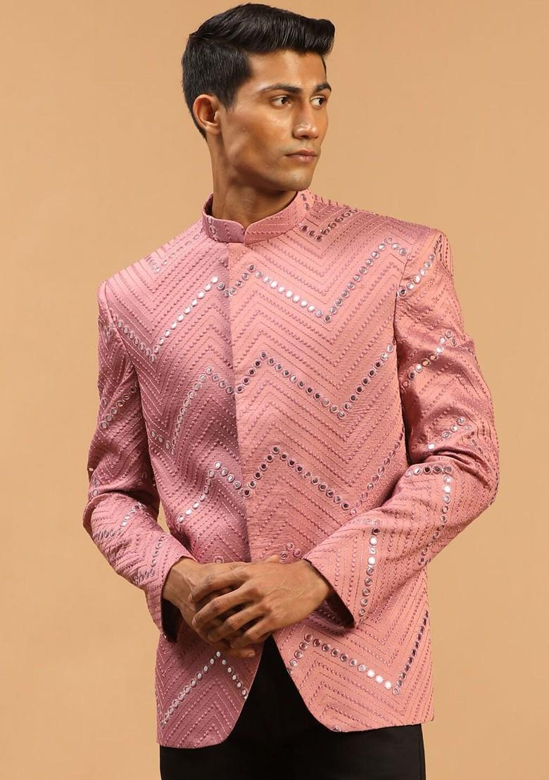 Pink Embellished Poly Blend Blazers For Men