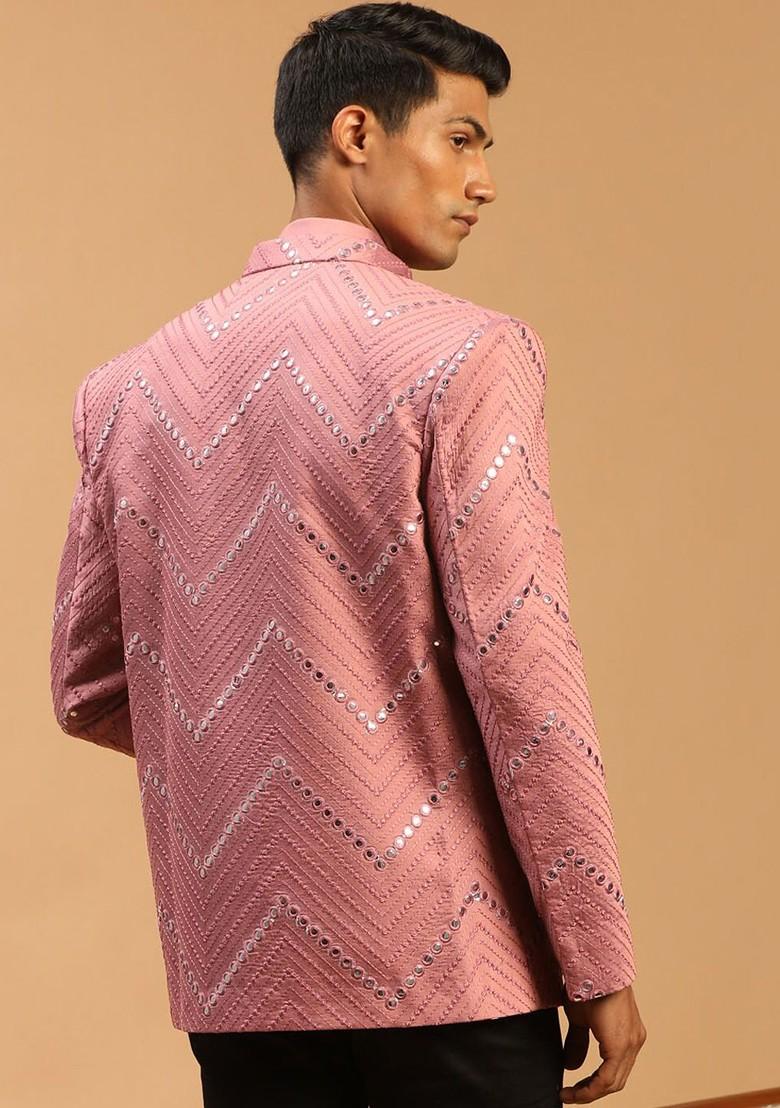 Pink Embellished Poly Blend Blazers For Men