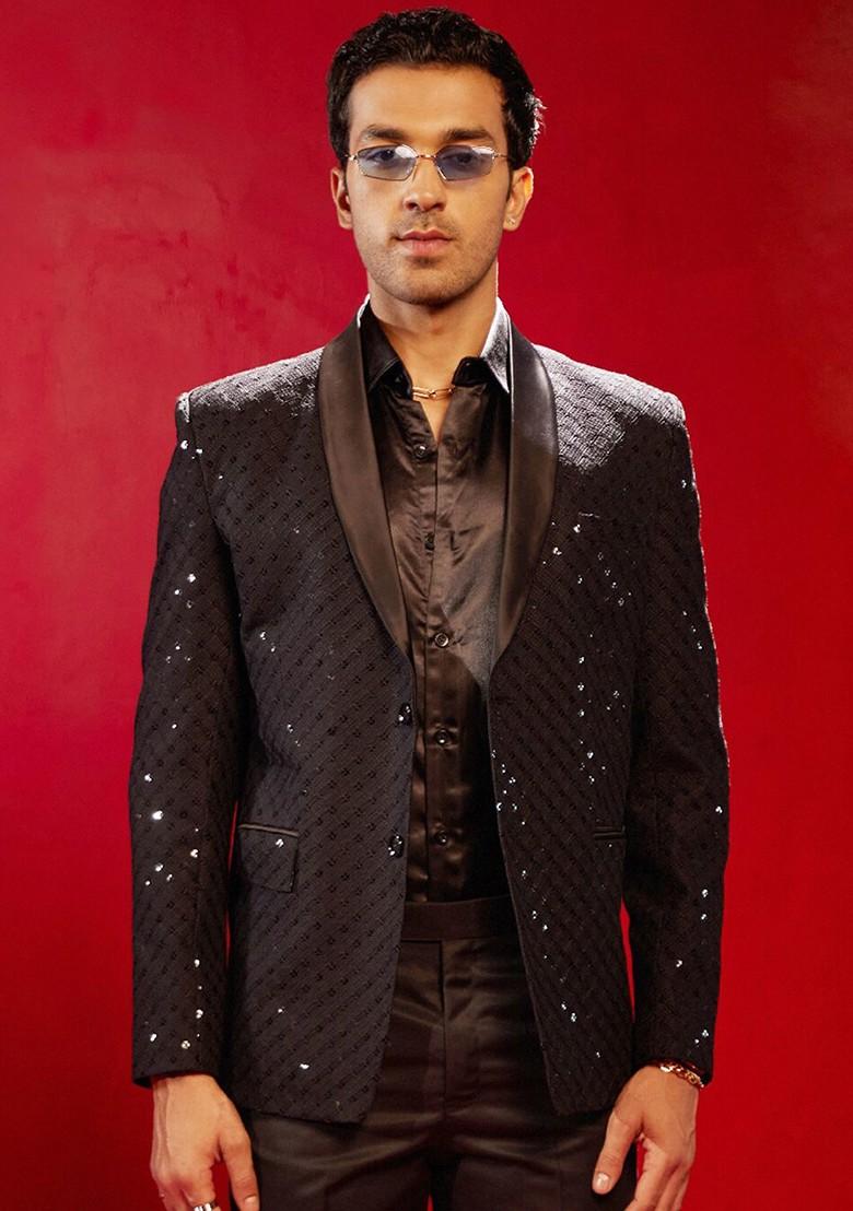 Black Sequin Work Poly Blend Blazers For Men