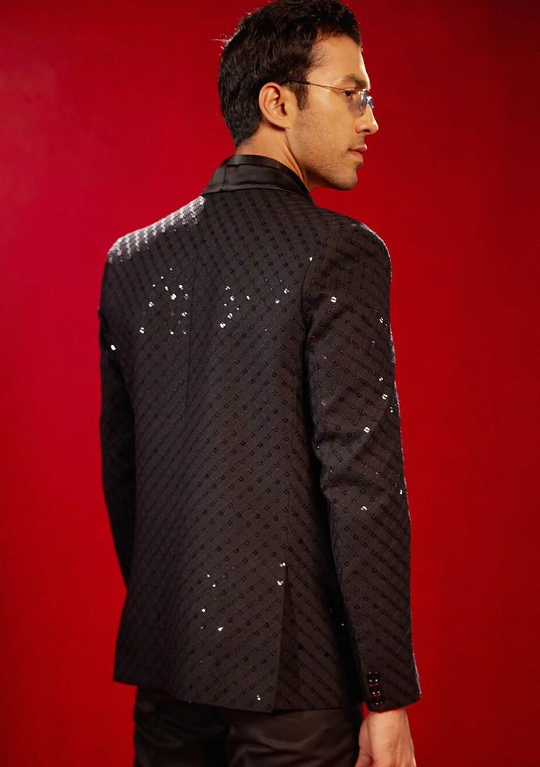Black Sequin Work Poly Blend Blazers For Men