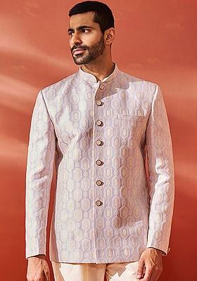 Purple Embroidered Jacquard Blazers For Men