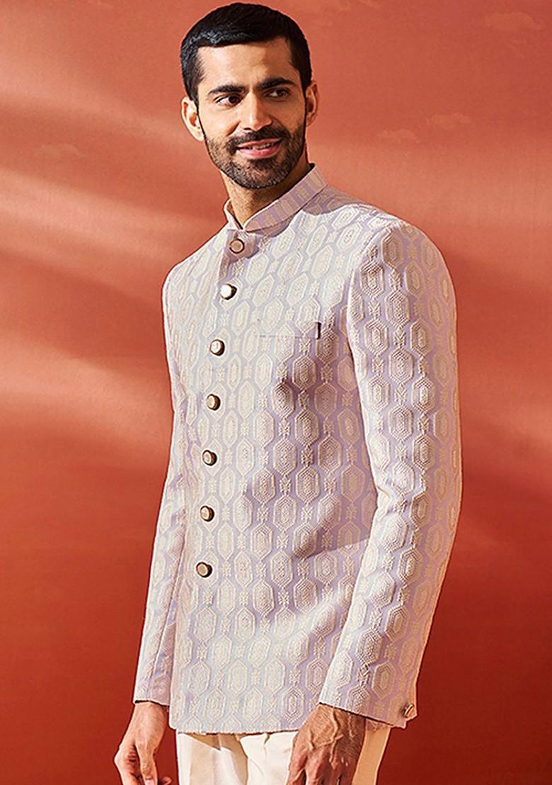 Purple Embroidered Jacquard Blazers For Men