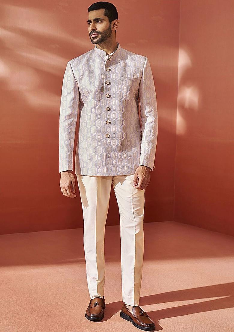 Purple Embroidered Jacquard Blazers For Men