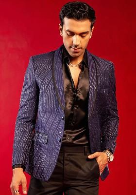 Navy Blue Embellished Poly Blend Blazers For Men