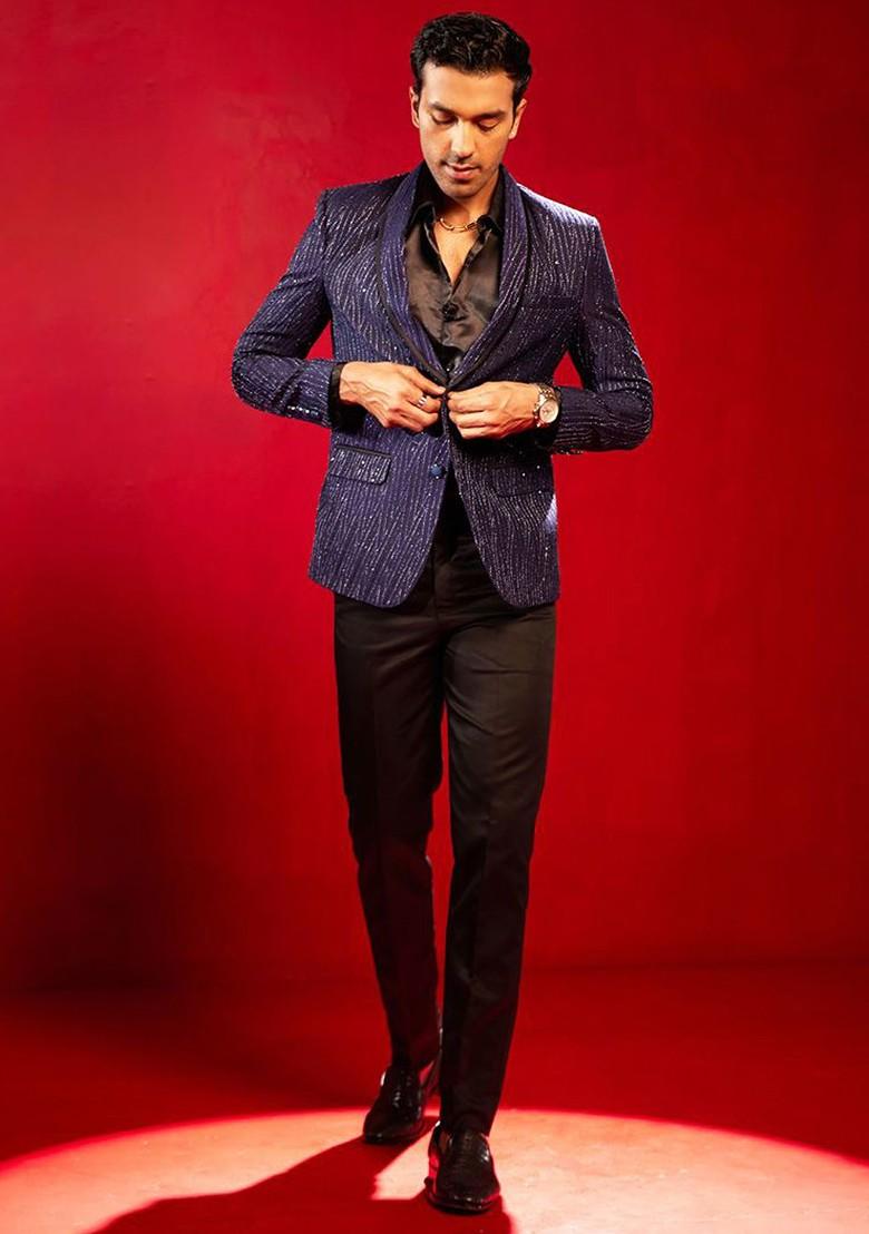 Navy Blue Embellished Poly Blend Blazers For Men