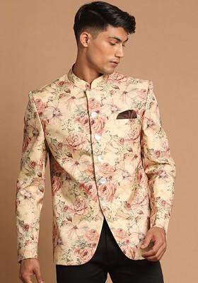 Beige Printed Poly Blend Blazers For Men