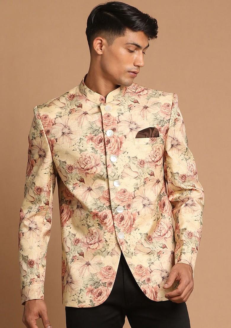 Beige Printed Poly Blend Blazers For Men