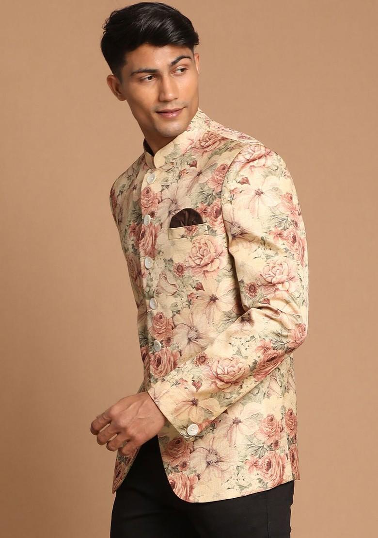 Beige Printed Poly Blend Blazers For Men