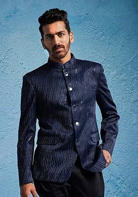 Blue Embellished Poly Blend Blazers For Men