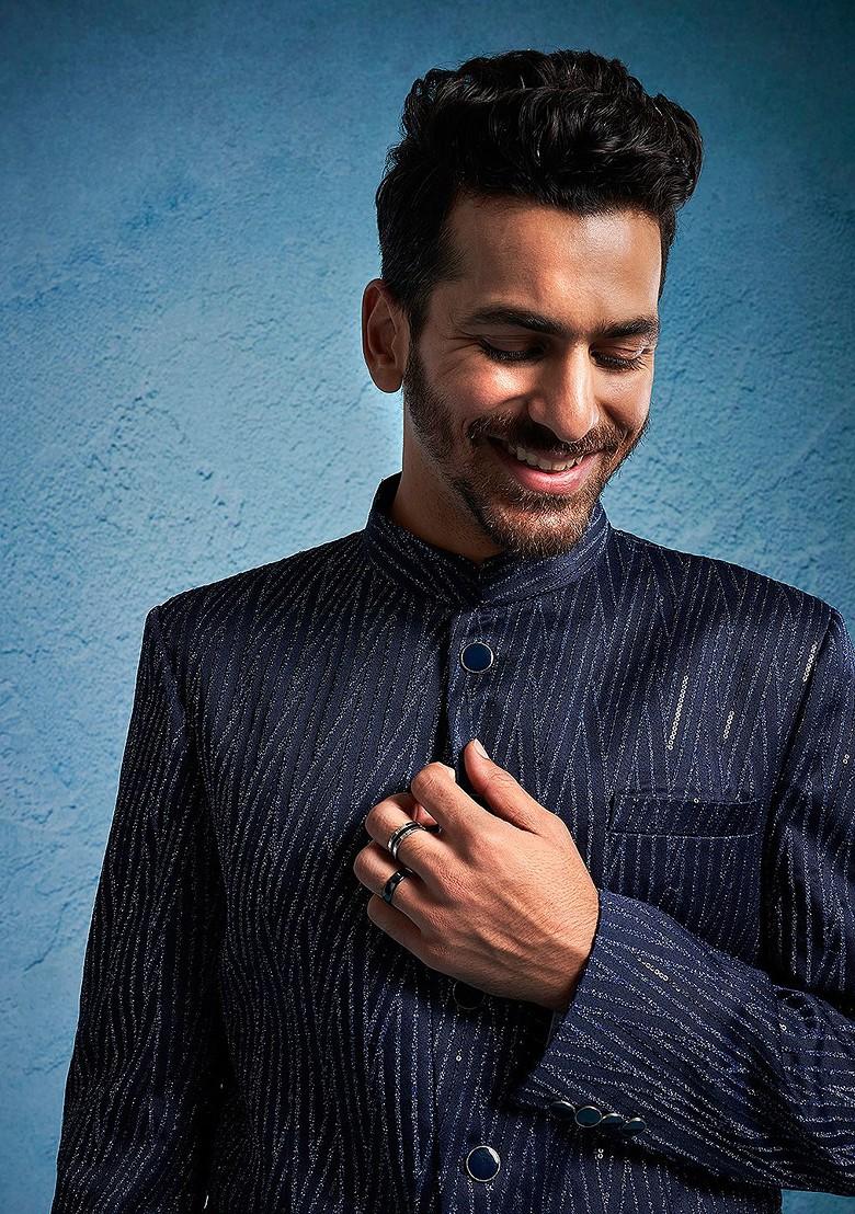 Blue Embellished Poly Blend Blazers For Men