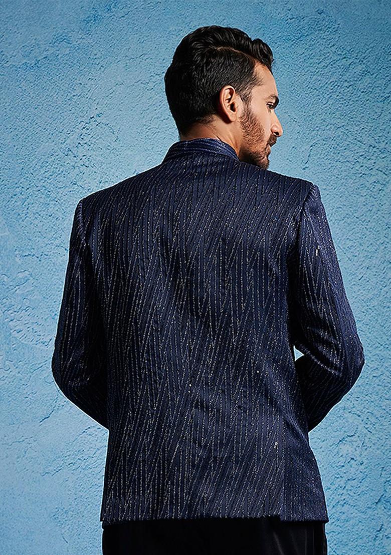 Blue Embellished Poly Blend Blazers For Men