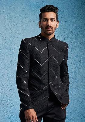 Black Solid Poly Blend Blazers For Men