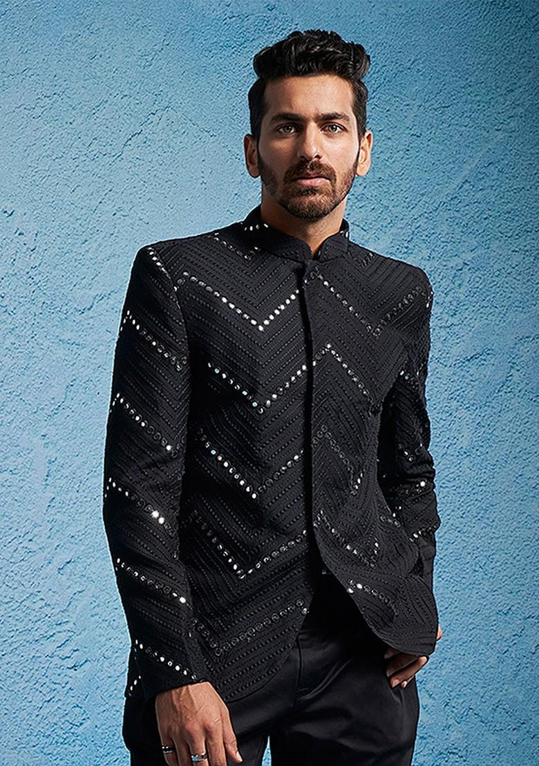 Black Solid Poly Blend Blazers For Men