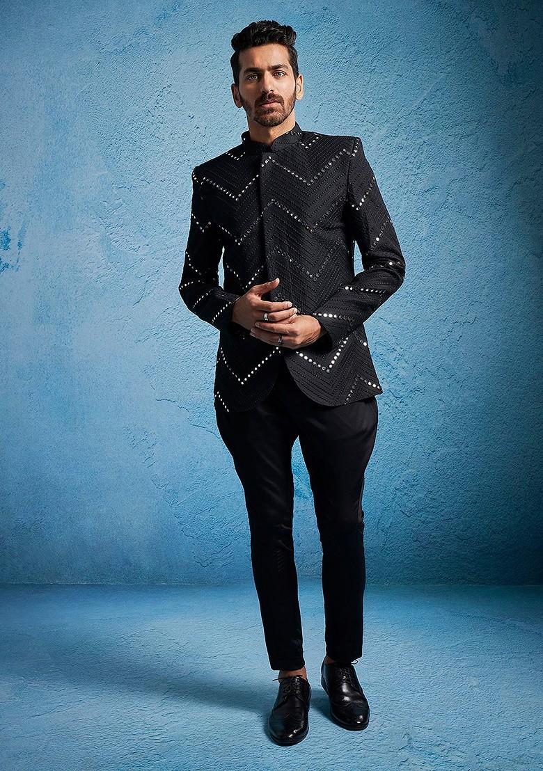 Black Solid Poly Blend Blazers For Men