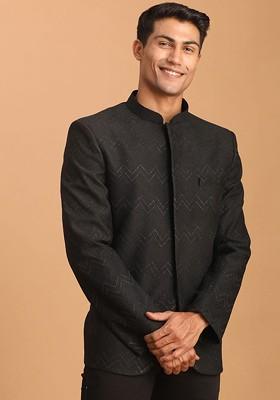 Black Solid Poly Blend Blazers For Men