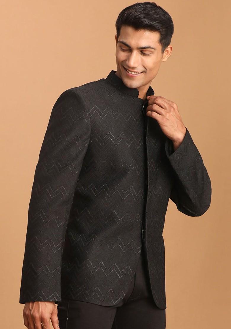 Black Solid Poly Blend Blazers For Men