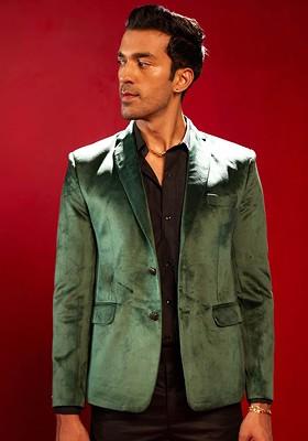 Green Solid Poly Blend Blazers For Men