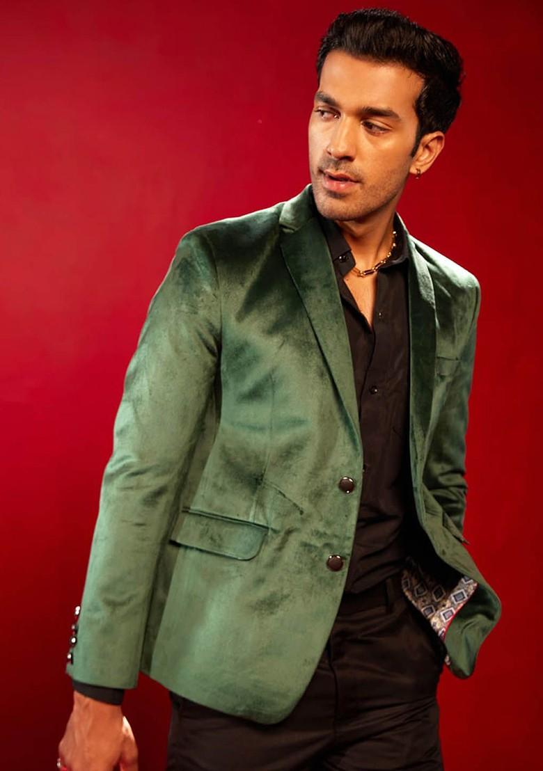 Green Solid Poly Blend Blazers For Men