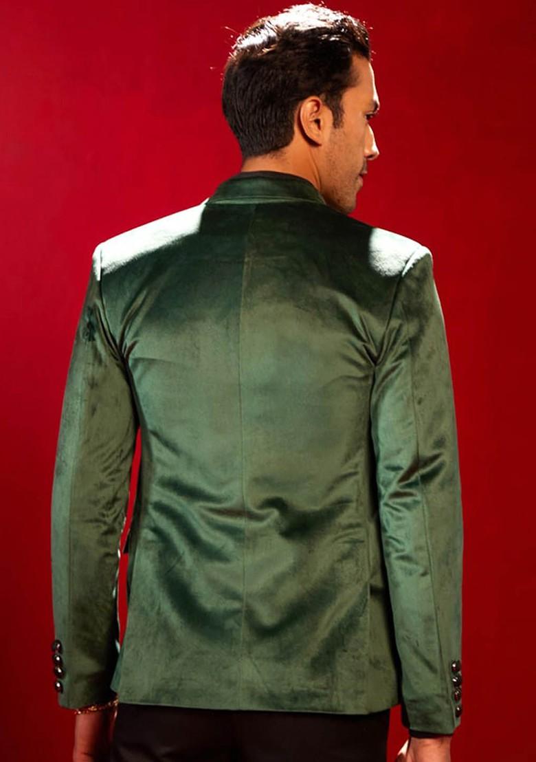 Green Solid Poly Blend Blazers For Men