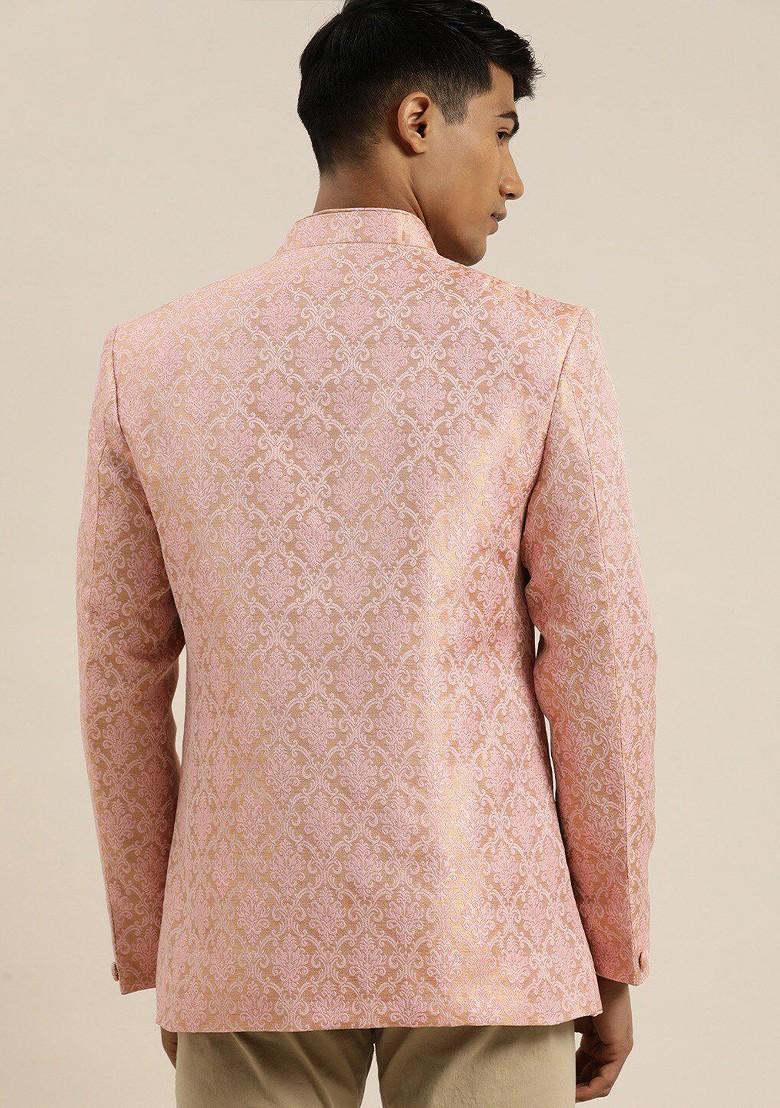 Pink Embroidered Poly Blend Blazers For Men