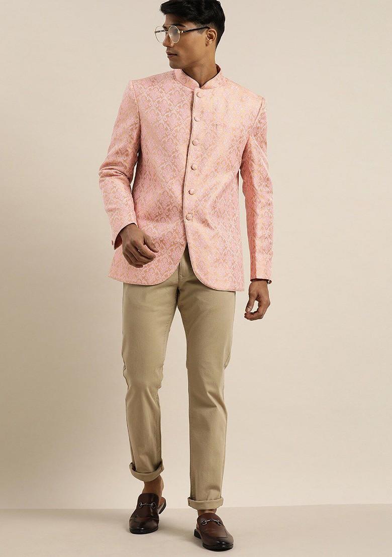 Pink Embroidered Poly Blend Blazers For Men