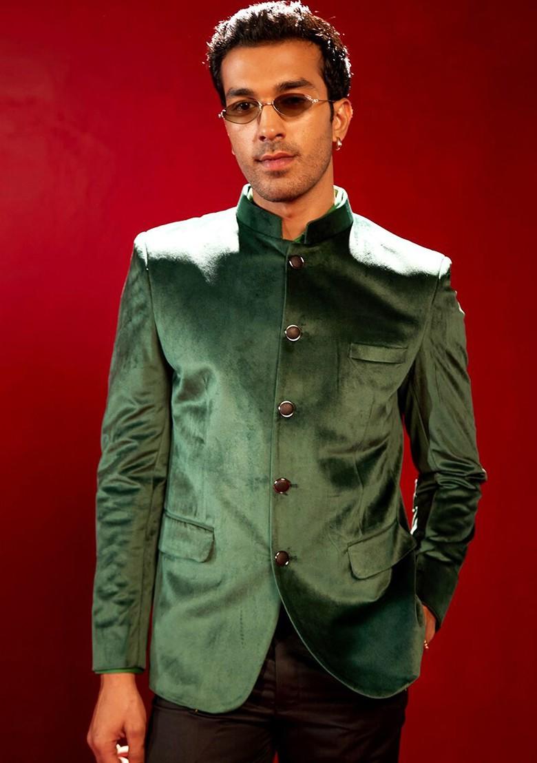 Green Solid Poly Blend Blazers For Men