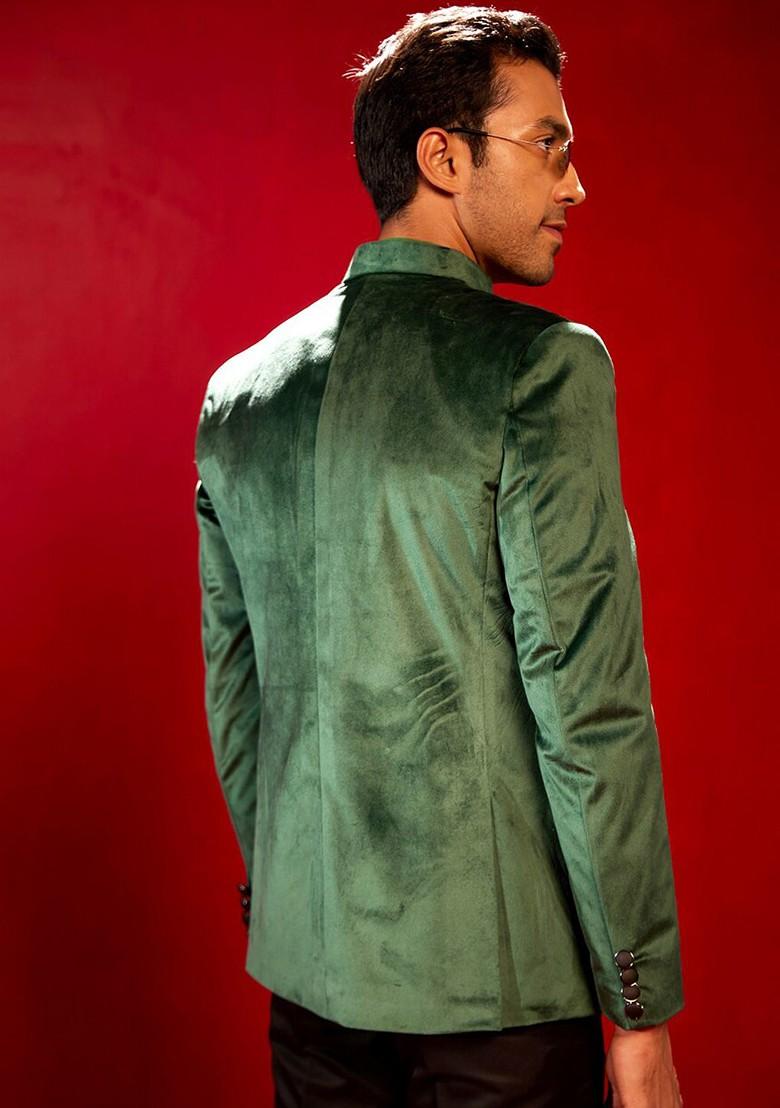 Green Solid Poly Blend Blazers For Men