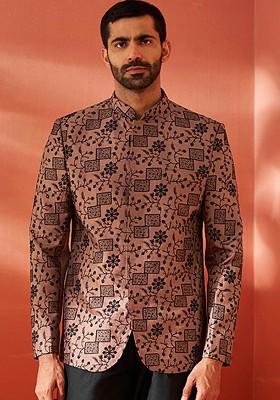 Rust Embroidered Poly Blend Blazers For Men