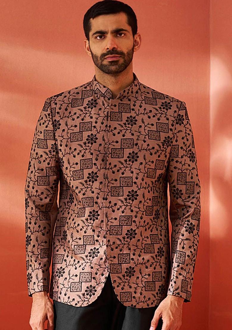 Rust Embroidered Poly Blend Blazers For Men