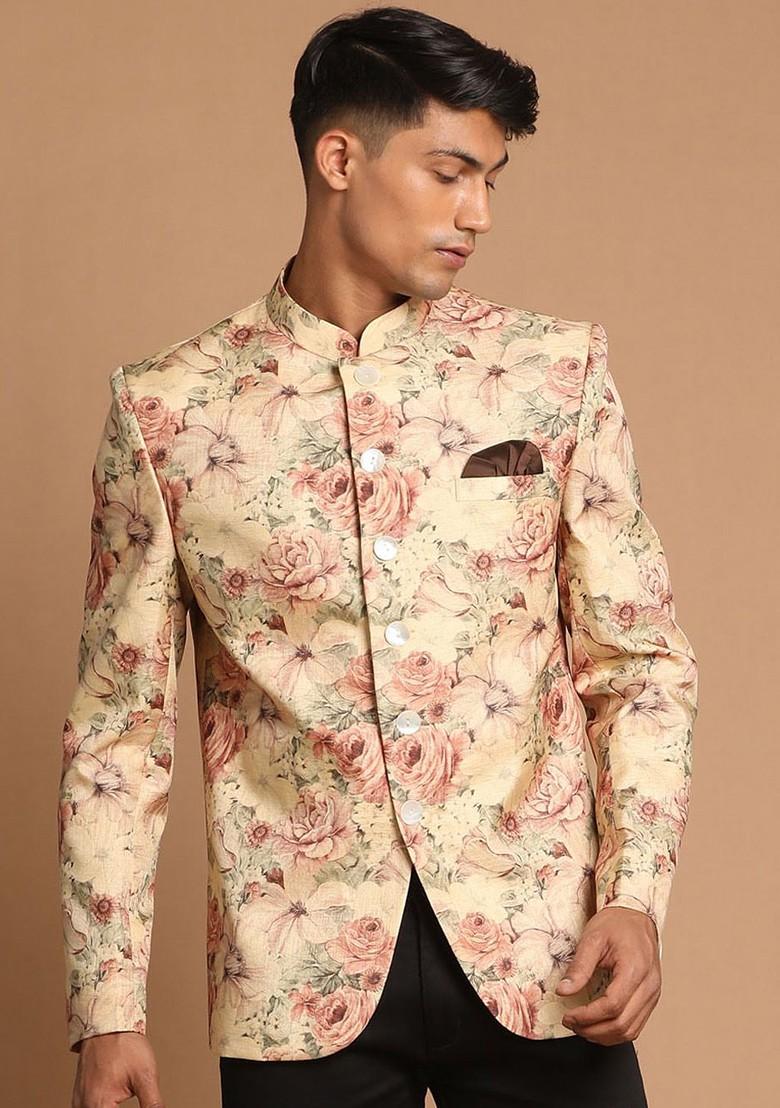 Brown Floral Print Poly Blend Blazers For Men