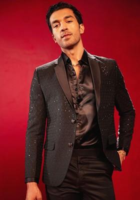 Black Embroidered Poly Blend Blazers For Men