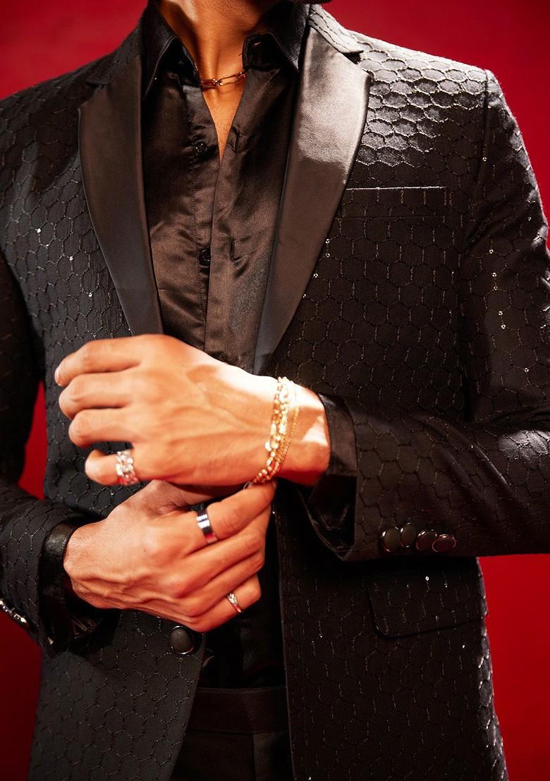 Black Embroidered Poly Blend Blazers For Men