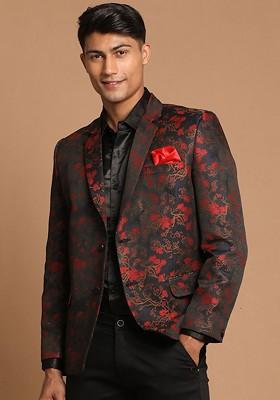 Maroon Embroidered Poly Blend Blazers For Men
