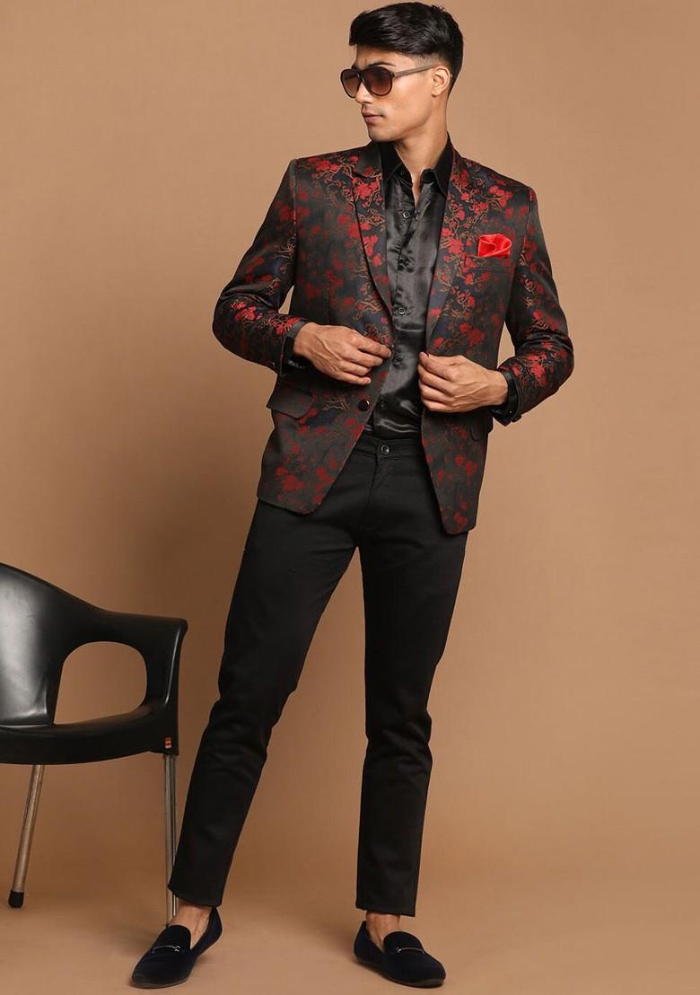 Maroon Embroidered Poly Blend Blazers For Men