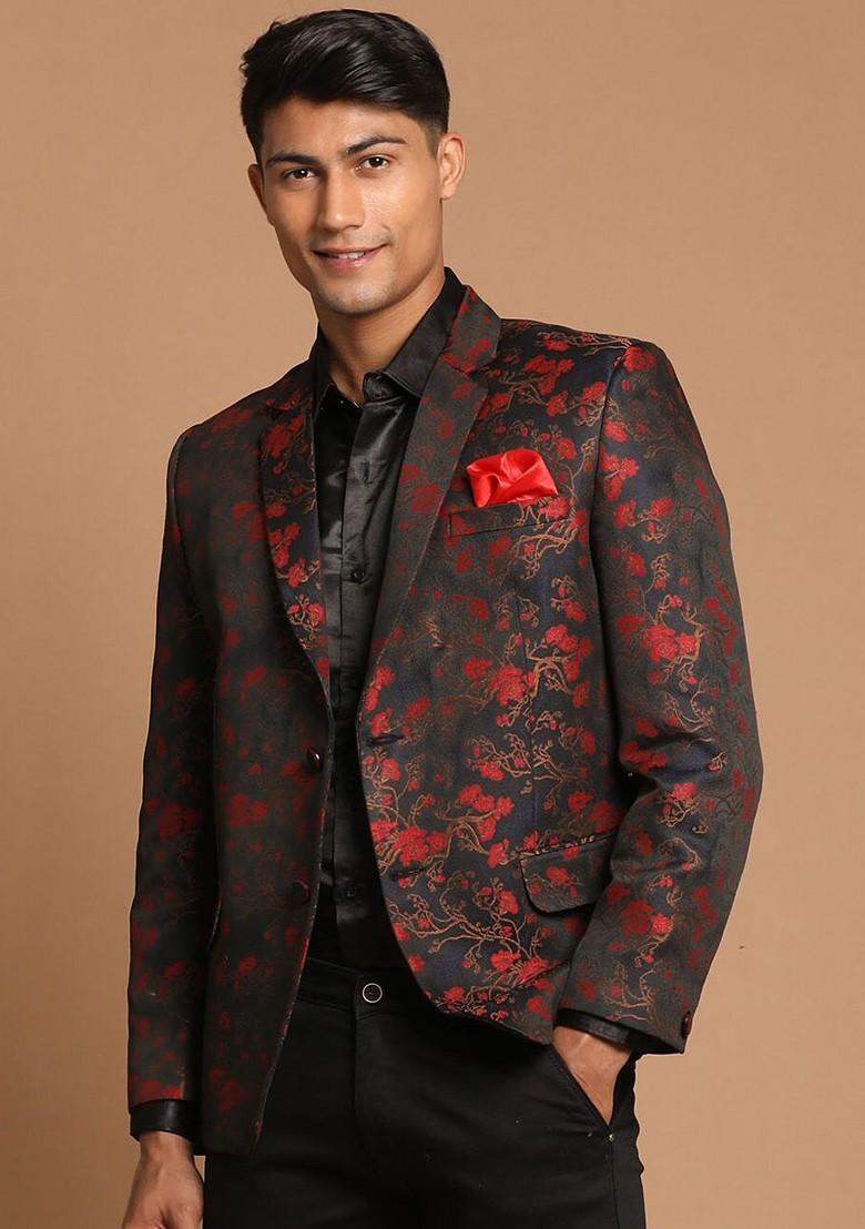 Maroon Embroidered Poly Blend Blazers For Men