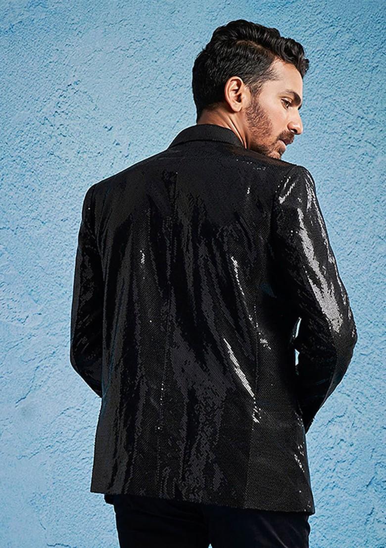 Black Embellished Poly Blend Blazers For Men