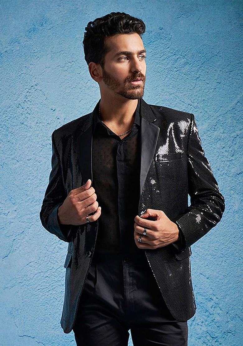 Black Embellished Poly Blend Blazers For Men