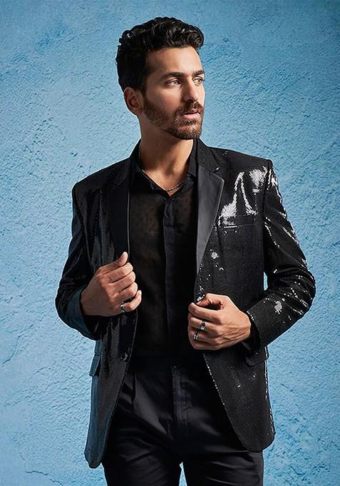 Black Embellished Poly Blend Blazers For Men