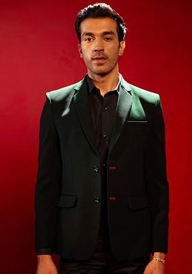 Green Solid Poly Blend Blazers For Men